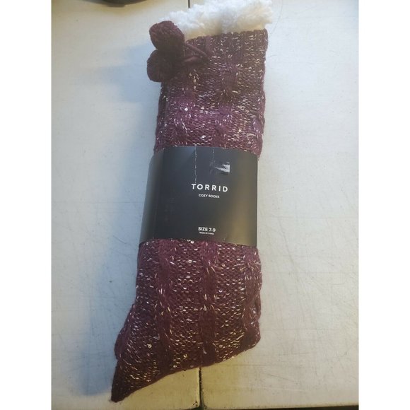 Torrid Slipper Socks Pom Fuzzy Fur Lining Sequins Burgundy Sweater Knit 7-9 - Picture 2 of 2
